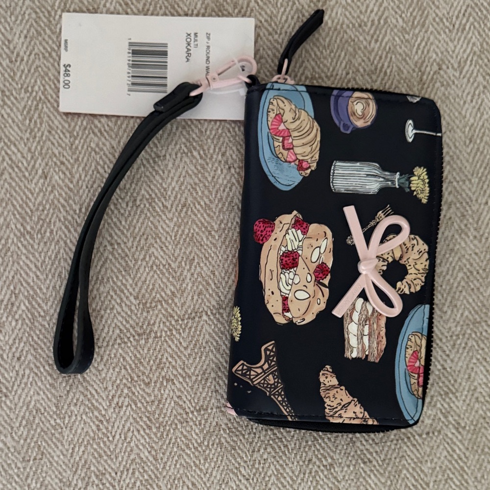 Betsey Johnson Black Wristlet with Food Print and Pink Accents